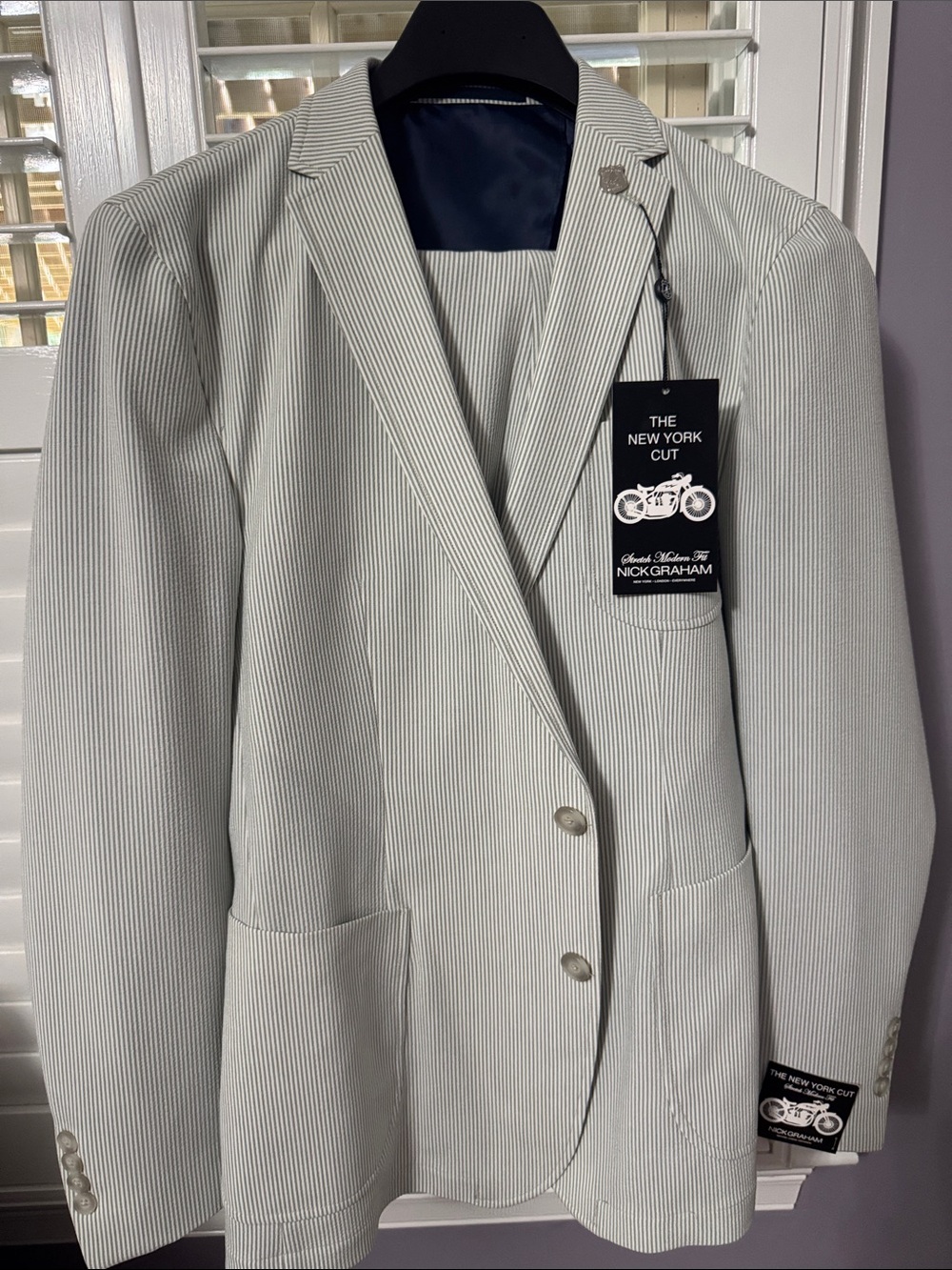 Nick Graham Light olive and White Pinstripe Suit